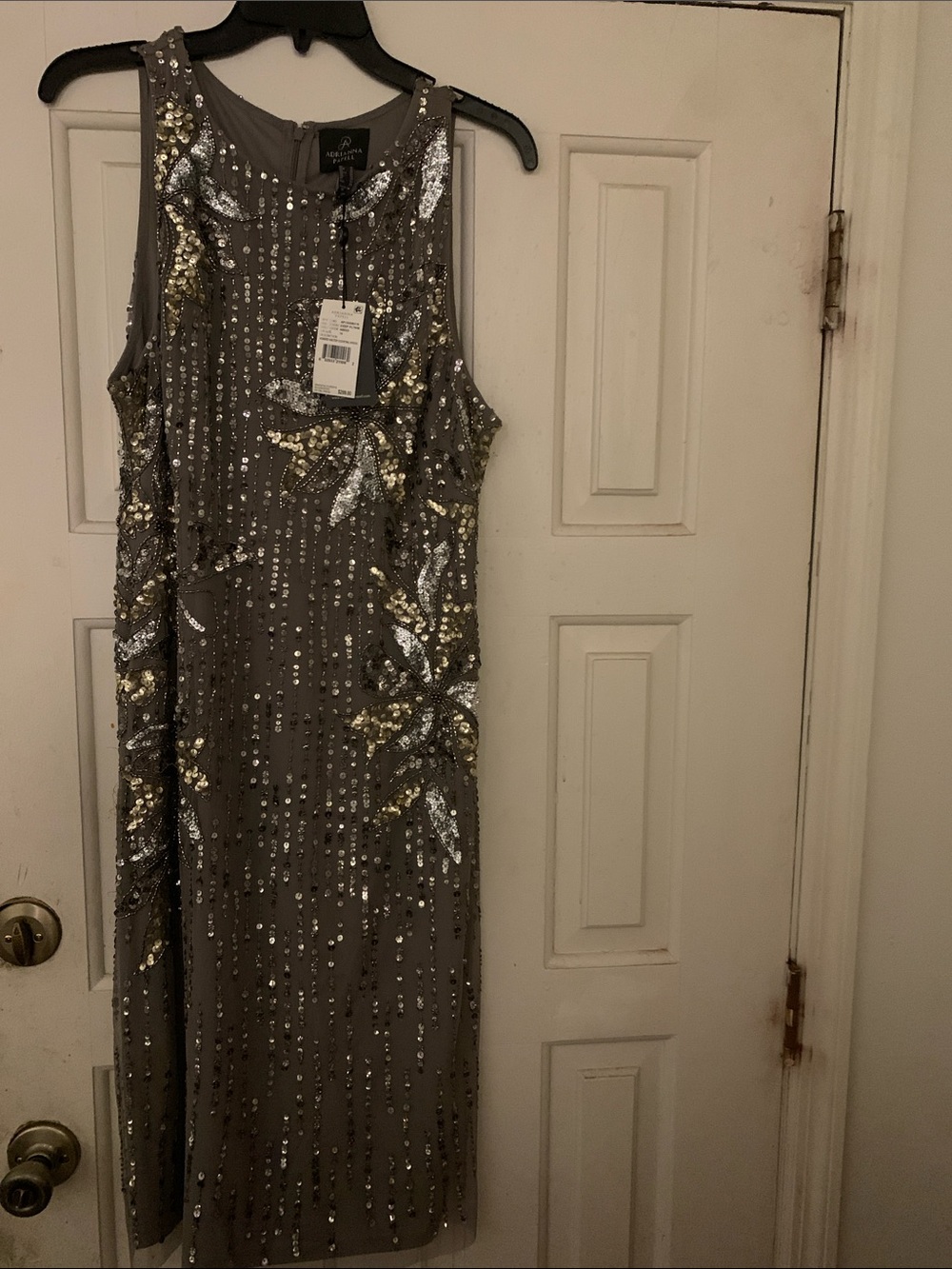 Adrianna Papell Grey Cocktail Dress with Gold & Silver Sequin Embellishment